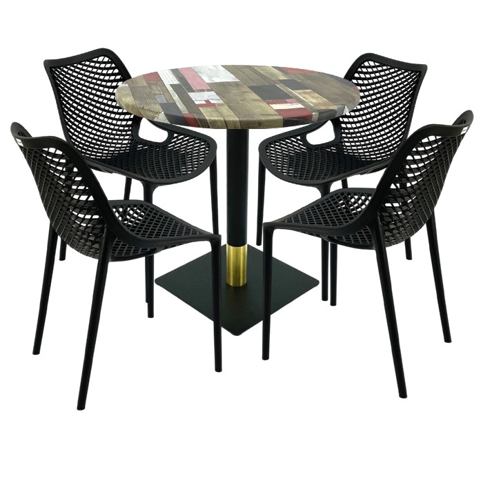 Mobila pentru bar,masa rotunda 80x74cm Raki MAPLE blat werzalit, 4 scaune London Air negru suprapozabile, picior metalic negru/auriu