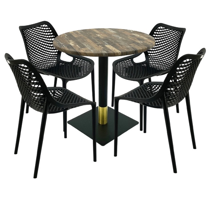 Mobila pentru bar,masa rotunda 80x74cm Raki MAPLE blat werzalit, 4 scaune London Air negru suprapozabile, picior metalic negru/auriu