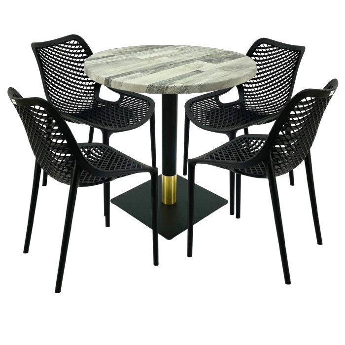 Mobila pentru bar,masa rotunda 80x74cm Raki MAPLE blat werzalit, 4 scaune London Air negru suprapozabile, picior metalic negru/auriu