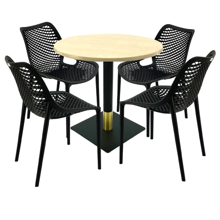 Mobila pentru bar,masa rotunda 80x74cm Raki MAPLE blat werzalit, 4 scaune London Air negru suprapozabile, picior metalic negru/auriu