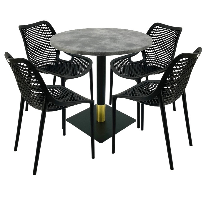 Mobila pentru bar,masa rotunda 80x74cm Raki MAPLE blat werzalit, 4 scaune London Air negru suprapozabile, picior metalic negru/auriu