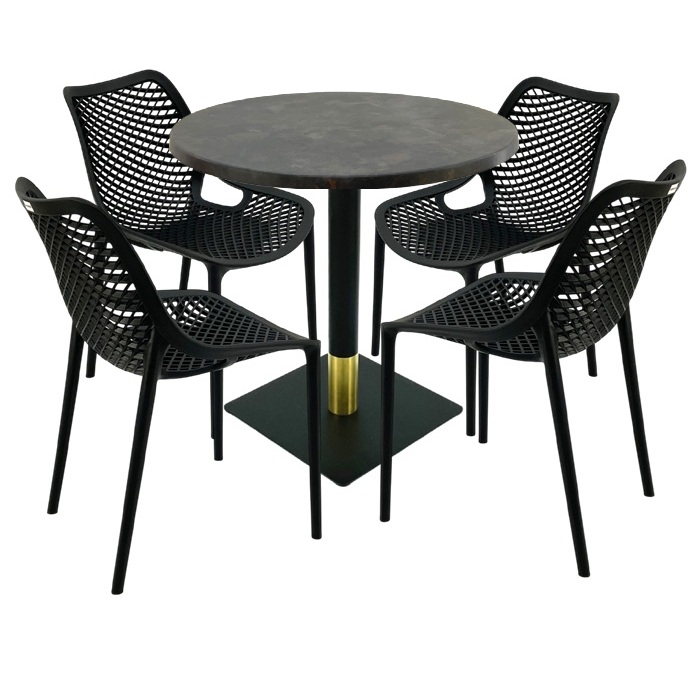 Mobila pentru bar,masa rotunda 80x74cm Raki MAPLE blat werzalit, 4 scaune London Air negru suprapozabile, picior metalic negru/auriu