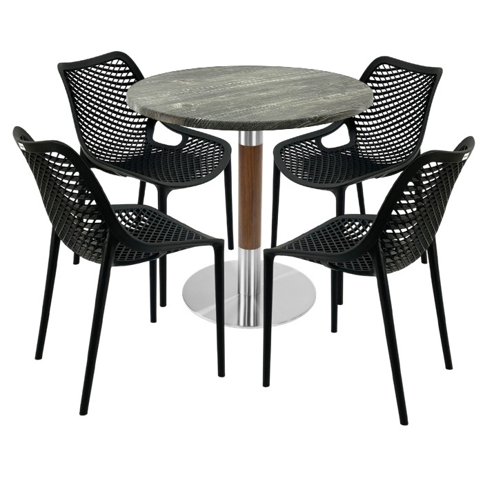 Mobila pentru bistro,masa rotunda 80x74cm Raki MAPLE blat werzalit, 4 scaune London Air negru suprapozabile,baza crom aspect lemn,argintiu