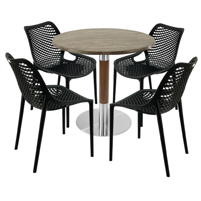 Mobila pentru bistro,masa rotunda 80x74cm Raki MAPLE blat werzalit, 4 scaune London Air negru suprapozabile,baza crom aspect lemn,argintiu