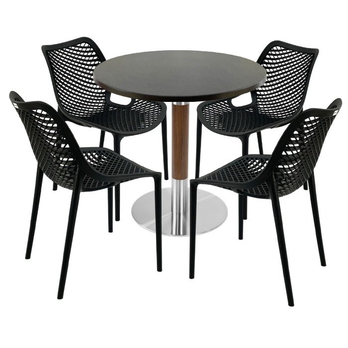 Mobila pentru bistro,masa rotunda 80x74cm Raki MAPLE blat werzalit, 4 scaune London Air negru suprapozabile,baza crom aspect lemn,argintiu