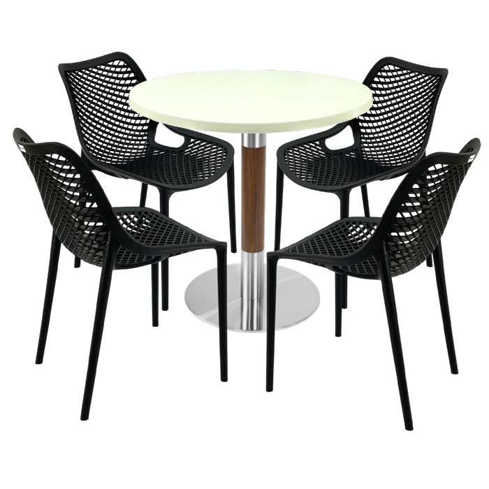 Mobila pentru bistro,masa rotunda 80x74cm Raki MAPLE blat werzalit, 4 scaune London Air negru suprapozabile,baza crom aspect lemn,argintiu