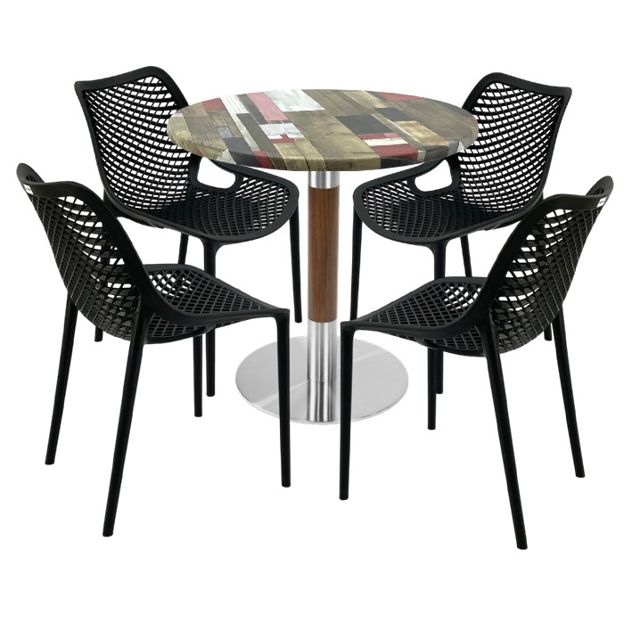 Mobila pentru bistro,masa rotunda 80x74cm Raki MAPLE blat werzalit, 4 scaune London Air negru suprapozabile,baza crom aspect lemn,argintiu