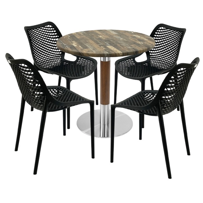 Mobila pentru bistro,masa rotunda 80x74cm Raki MAPLE blat werzalit, 4 scaune London Air negru suprapozabile,baza crom aspect lemn,argintiu