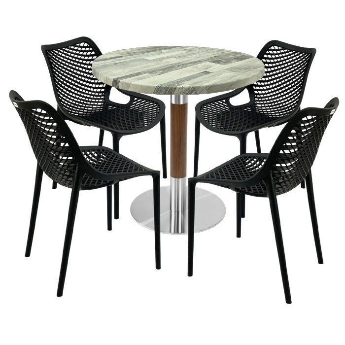 Mobila pentru bistro,masa rotunda 80x74cm Raki MAPLE blat werzalit, 4 scaune London Air negru suprapozabile,baza crom aspect lemn,argintiu