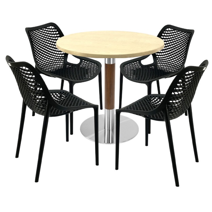 Mobila pentru bistro,masa rotunda 80x74cm Raki MAPLE blat werzalit, 4 scaune London Air negru suprapozabile,baza crom aspect lemn,argintiu