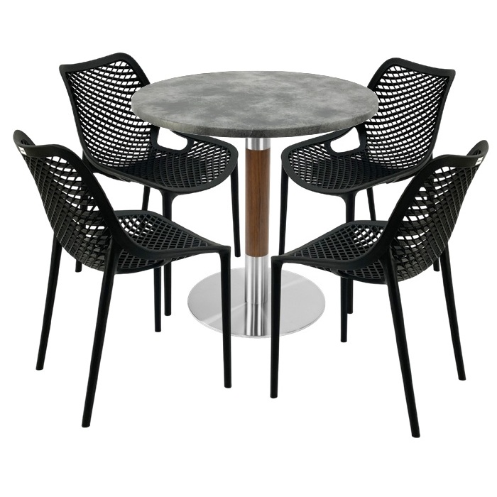 Mobila pentru bistro,masa rotunda 80x74cm Raki MAPLE blat werzalit, 4 scaune London Air negru suprapozabile,baza crom aspect lemn,argintiu