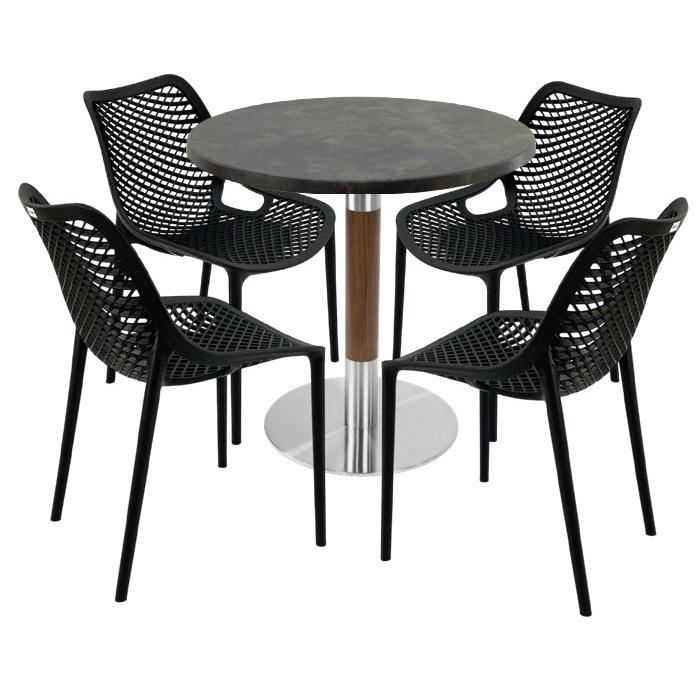 Mobila pentru bistro,masa rotunda 80x74cm Raki MAPLE blat werzalit, 4 scaune London Air negru suprapozabile,baza crom aspect lemn,argintiu