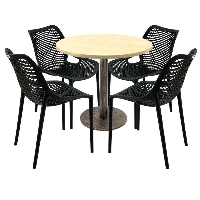 Mobila pentru cafenea,masa rotunda 80x74cm Raki MAPLE blat werzalit, 4 scaune London Air negru suprapozabile, picior metalic,baza rotunda, antichizat