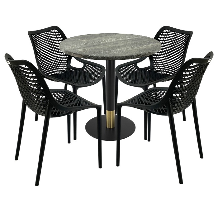 Mobila pentru restaurant,masa rotunda 80x74cm Raki MAPLE blat werzalit, 4 scaune London Air negru suprapozabile, picior metalic,baza rotunda,negru/auriu