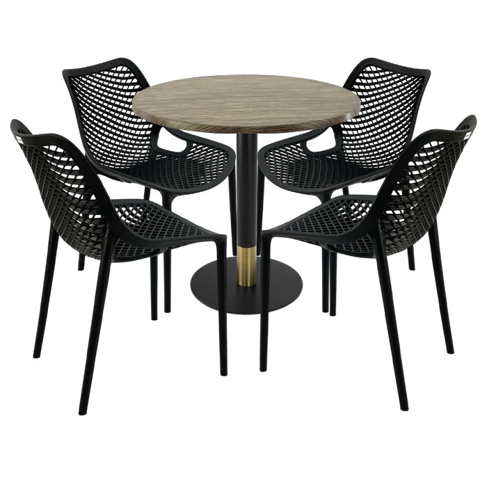 Mobila pentru restaurant,masa rotunda 80x74cm Raki MAPLE blat werzalit, 4 scaune London Air negru suprapozabile, picior metalic,baza rotunda,negru/auriu