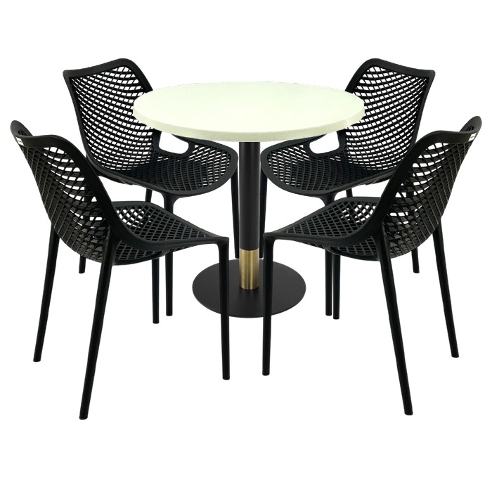 Mobila pentru restaurant,masa rotunda 80x74cm Raki MAPLE blat werzalit, 4 scaune London Air negru suprapozabile, picior metalic,baza rotunda,negru/auriu