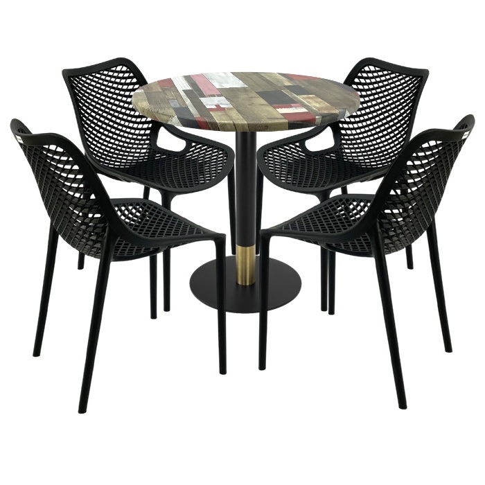 Mobila pentru restaurant,masa rotunda 80x74cm Raki MAPLE blat werzalit, 4 scaune London Air negru suprapozabile, picior metalic,baza rotunda,negru/auriu
