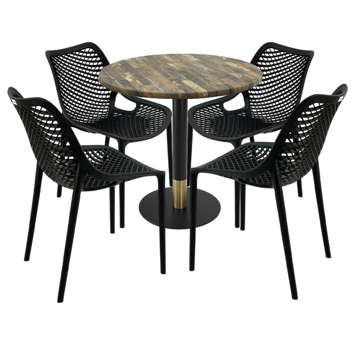 Mobila pentru restaurant,masa rotunda 80x74cm Raki MAPLE blat werzalit, 4 scaune London Air negru suprapozabile, picior metalic,baza rotunda,negru/auriu