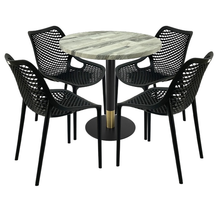 Mobila pentru restaurant,masa rotunda 80x74cm Raki MAPLE blat werzalit, 4 scaune London Air negru suprapozabile, picior metalic,baza rotunda,negru/auriu