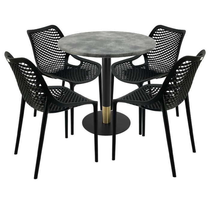 Mobila pentru restaurant,masa rotunda 80x74cm Raki MAPLE blat werzalit, 4 scaune London Air negru suprapozabile, picior metalic,baza rotunda,negru/auriu