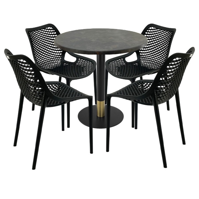 Mobila pentru restaurant,masa rotunda 80x74cm Raki MAPLE blat werzalit, 4 scaune London Air negru suprapozabile, picior metalic,baza rotunda,negru/auriu