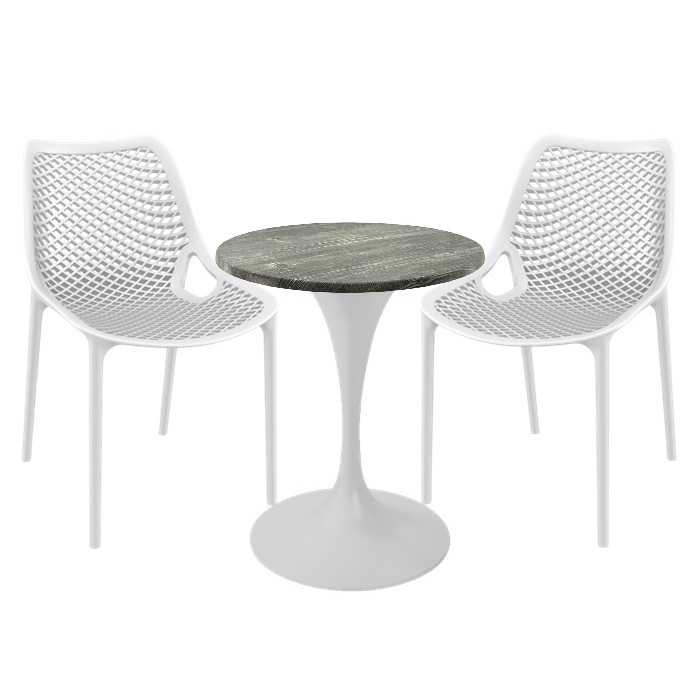 Mobiler de exterior cafenea, 2 scaune London Air albe cu masa rotunda 60x74cm Raki MAPLE blat werzalit si picior central, baza rotunda,alb