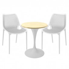 Mobiler de exterior cafenea, 2 scaune London Air albe cu masa rotunda 60x74cm Raki MAPLE blat werzalit si picior central, baza rotunda,alb