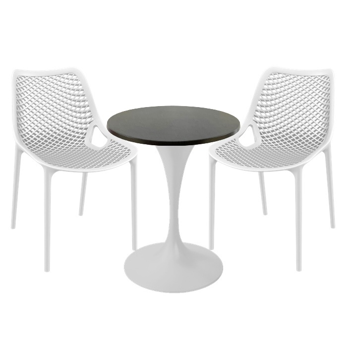 Mobiler de exterior cafenea, 2 scaune London Air albe cu masa rotunda 60x74cm Raki MAPLE blat werzalit si picior central, baza rotunda,alb