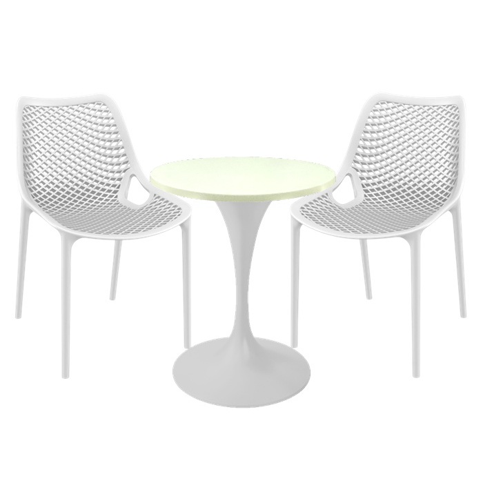 Mobiler de exterior cafenea, 2 scaune London Air albe cu masa rotunda 60x74cm Raki MAPLE blat werzalit si picior central, baza rotunda,alb