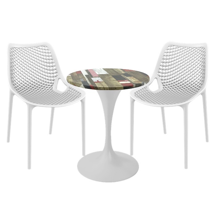 Mobiler de exterior cafenea, 2 scaune London Air albe cu masa rotunda 60x74cm Raki MAPLE blat werzalit si picior central, baza rotunda,alb