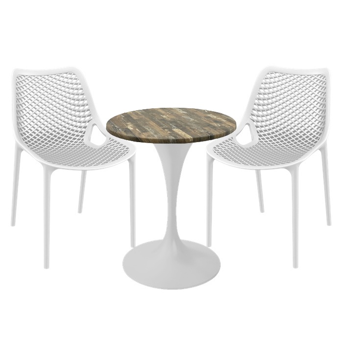 Mobiler de exterior cafenea, 2 scaune London Air albe cu masa rotunda 60x74cm Raki MAPLE blat werzalit si picior central, baza rotunda,alb