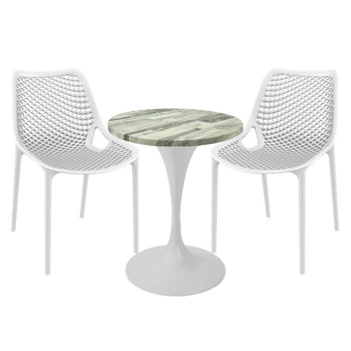 Mobiler de exterior cafenea, 2 scaune London Air albe cu masa rotunda 60x74cm Raki MAPLE blat werzalit si picior central, baza rotunda,alb