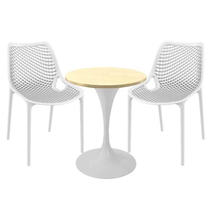 Mobiler de exterior cafenea, 2 scaune London Air albe cu masa rotunda 60x74cm Raki MAPLE blat werzalit si picior central, baza rotunda,alb