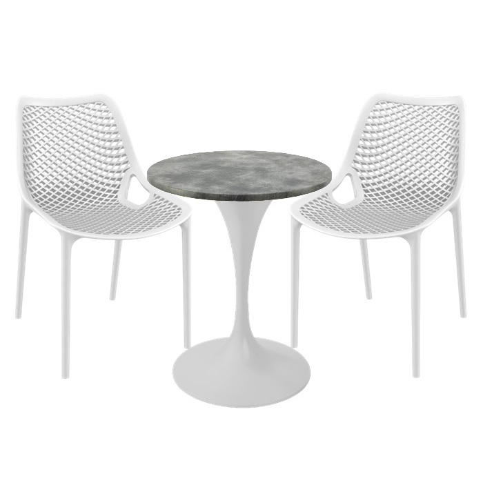 Mobiler de exterior cafenea, 2 scaune London Air albe cu masa rotunda 60x74cm Raki MAPLE blat werzalit si picior central, baza rotunda,alb