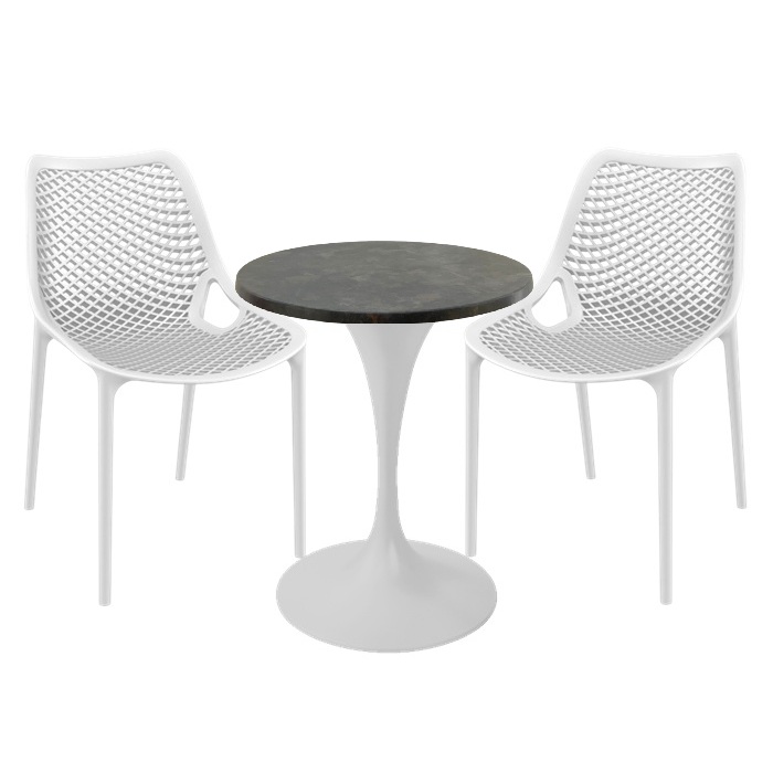 Mobiler de exterior cafenea, 2 scaune London Air albe cu masa rotunda 60x74cm Raki MAPLE blat werzalit si picior central, baza rotunda,alb