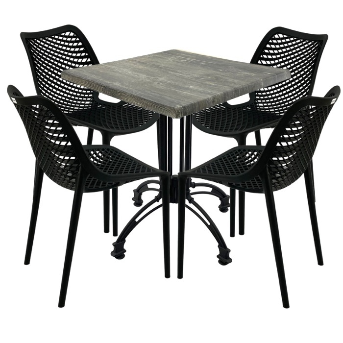 Mobilier cafenea, 4 scaune London Air negru suprapozabile cu masa patrata 80x80x71cm Raki Maple blat werzalit si baza culoare negru, retro