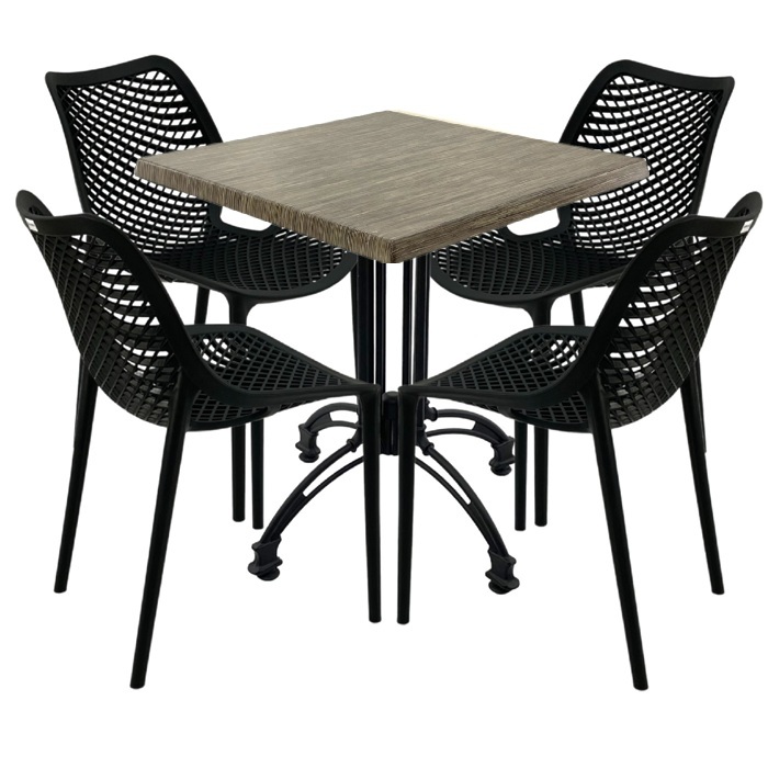 Mobilier cafenea, 4 scaune London Air negru suprapozabile cu masa patrata 80x80x71cm Raki Maple blat werzalit si baza culoare negru, retro