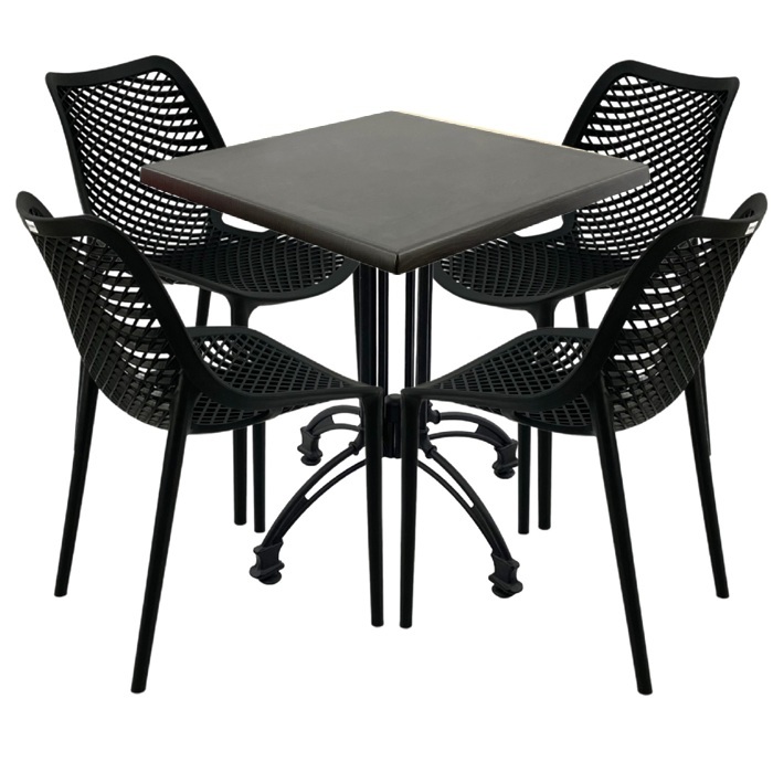 Mobilier cafenea, 4 scaune London Air negru suprapozabile cu masa patrata 80x80x71cm Raki Maple blat werzalit si baza culoare negru, retro