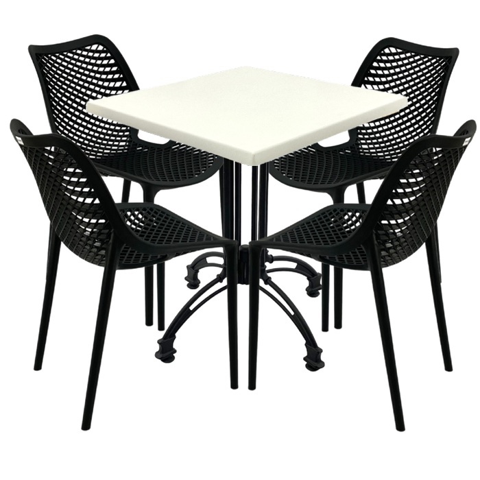 Mobilier cafenea, 4 scaune London Air negru suprapozabile cu masa patrata 80x80x71cm Raki Maple blat werzalit si baza culoare negru, retro