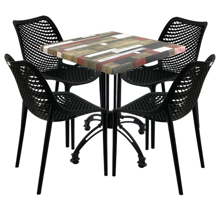 Mobilier cafenea, 4 scaune London Air negru suprapozabile cu masa patrata 80x80x71cm Raki Maple blat werzalit si baza culoare negru, retro