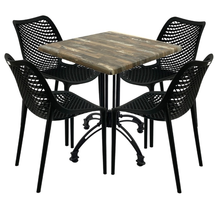 Mobilier cafenea, 4 scaune London Air negru suprapozabile cu masa patrata 80x80x71cm Raki Maple blat werzalit si baza culoare negru, retro