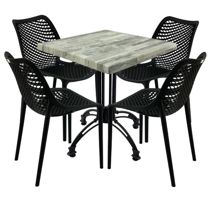 Mobilier cafenea, 4 scaune London Air negru suprapozabile cu masa patrata 80x80x71cm Raki Maple blat werzalit si baza culoare negru, retro