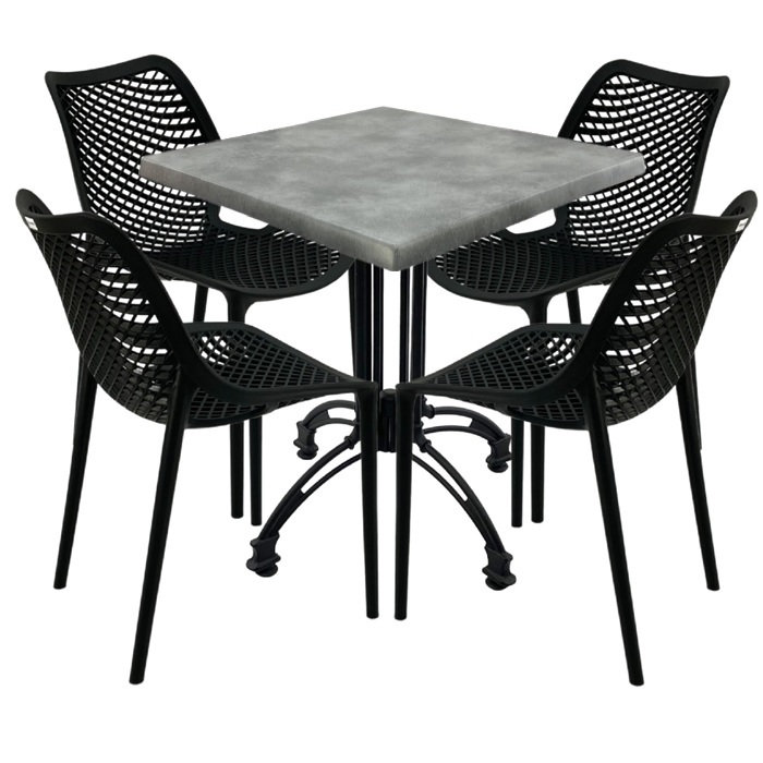 Mobilier cafenea, 4 scaune London Air negru suprapozabile cu masa patrata 80x80x71cm Raki Maple blat werzalit si baza culoare negru, retro