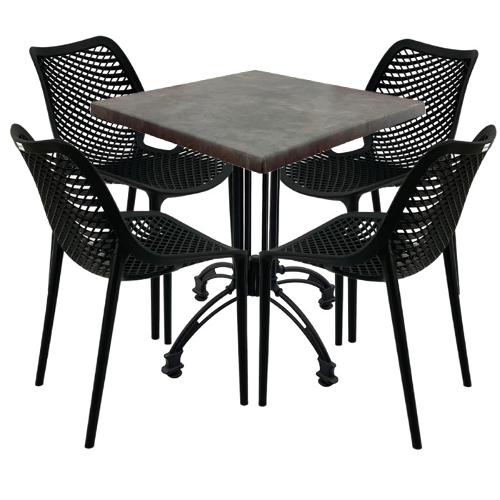 Mobilier cafenea, 4 scaune London Air negru suprapozabile cu masa patrata 80x80x71cm Raki Maple blat werzalit si baza culoare negru, retro