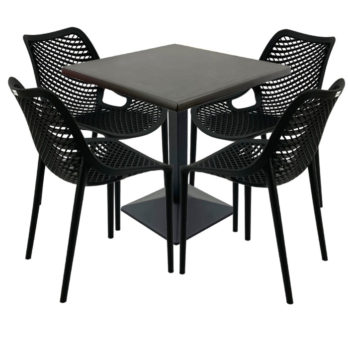 Mobilier cafenea, 4 scauneLondon Air negru suprapozabile cu masa patrata 80x80x74cm Raki Maple blat werzalit si baza metalica culoare negru