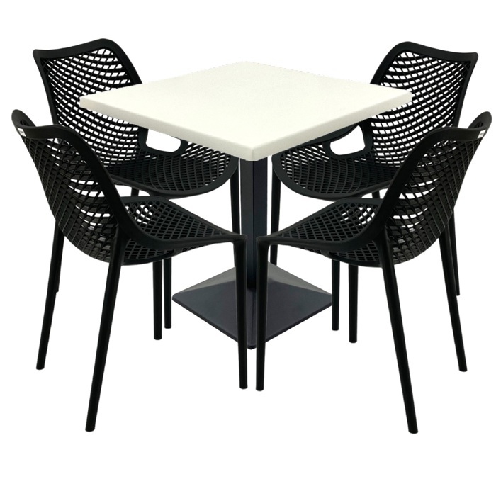 Mobilier cafenea, 4 scauneLondon Air negru suprapozabile cu masa patrata 80x80x74cm Raki Maple blat werzalit si baza metalica culoare negru