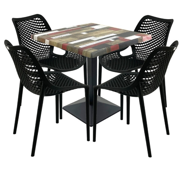 Mobilier cafenea, 4 scauneLondon Air negru suprapozabile cu masa patrata 80x80x74cm Raki Maple blat werzalit si baza metalica culoare negru