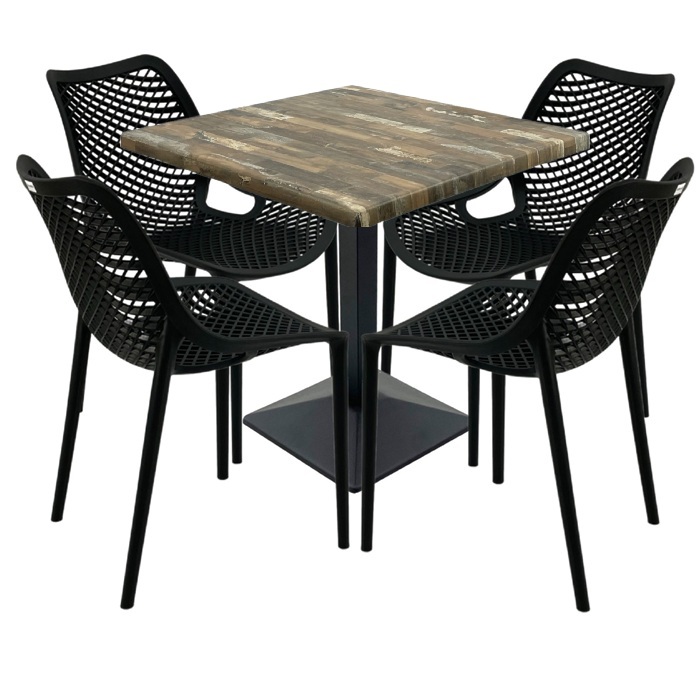 Mobilier cafenea, 4 scauneLondon Air negru suprapozabile cu masa patrata 80x80x74cm Raki Maple blat werzalit si baza metalica culoare negru