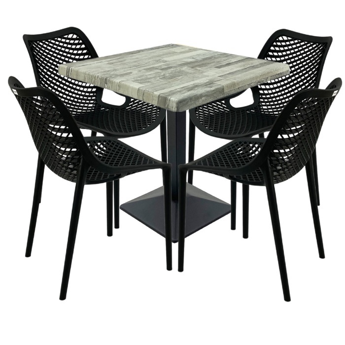 Mobilier cafenea, 4 scauneLondon Air negru suprapozabile cu masa patrata 80x80x74cm Raki Maple blat werzalit si baza metalica culoare negru