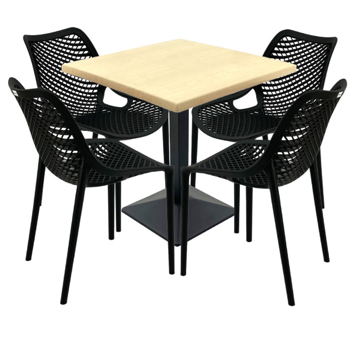 Mobilier cafenea, 4 scauneLondon Air negru suprapozabile cu masa patrata 80x80x74cm Raki Maple blat werzalit si baza metalica culoare negru
